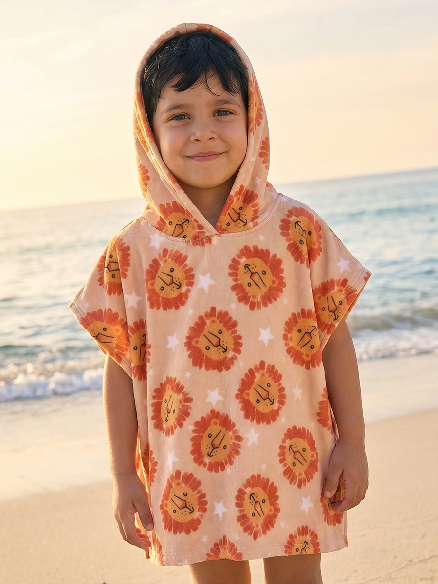 Cotton Hooded Short Sleeves Bathrobe with Lion Print