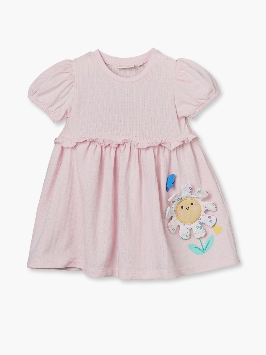Round Neck Short Sleeves Midi A-Line Dress with Floral Applique