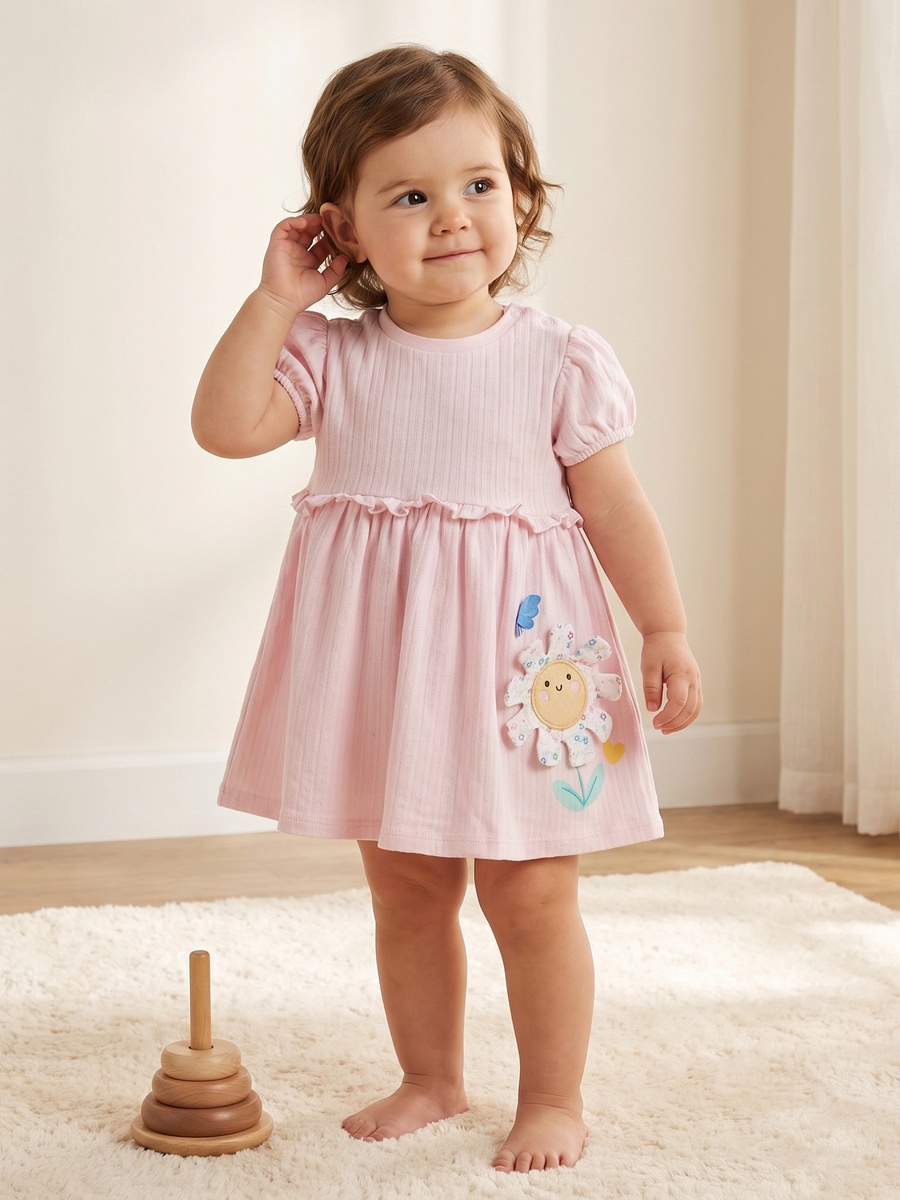 Round Neck Short Sleeves Midi A-Line Dress with Floral Applique