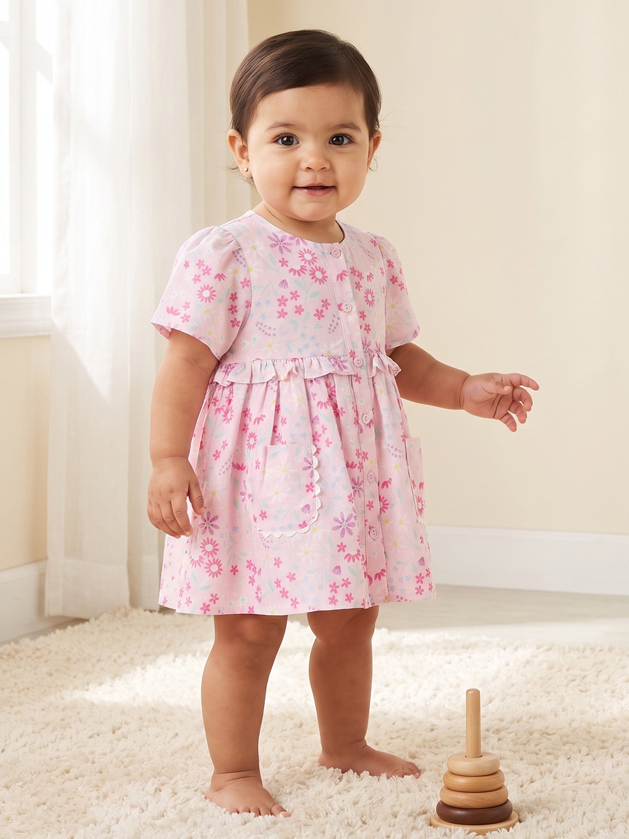 Round Neck Short Sleeves Knee Length Dress with Floral Print