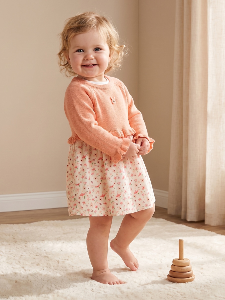 Round Neck Long Sleeves Knee Length A-Line Dress with Floral Print