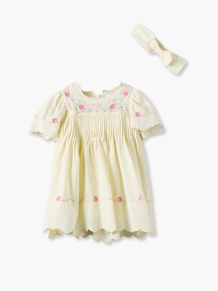 Round Neck Short Sleeves Knee Length Dress and Headband with Floral Embroidery