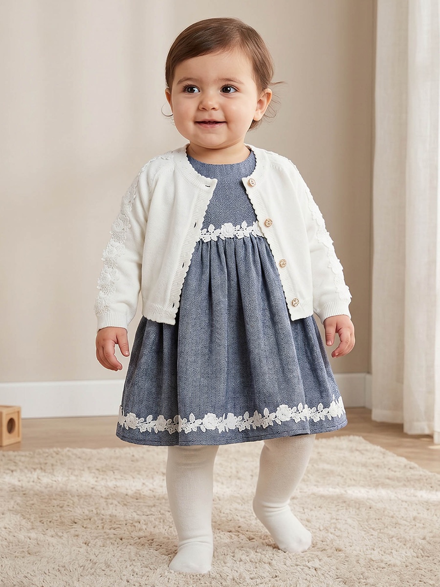 Set of 3 Round Neck Short Sleeves Knee Length Dress with Shrug and Tights