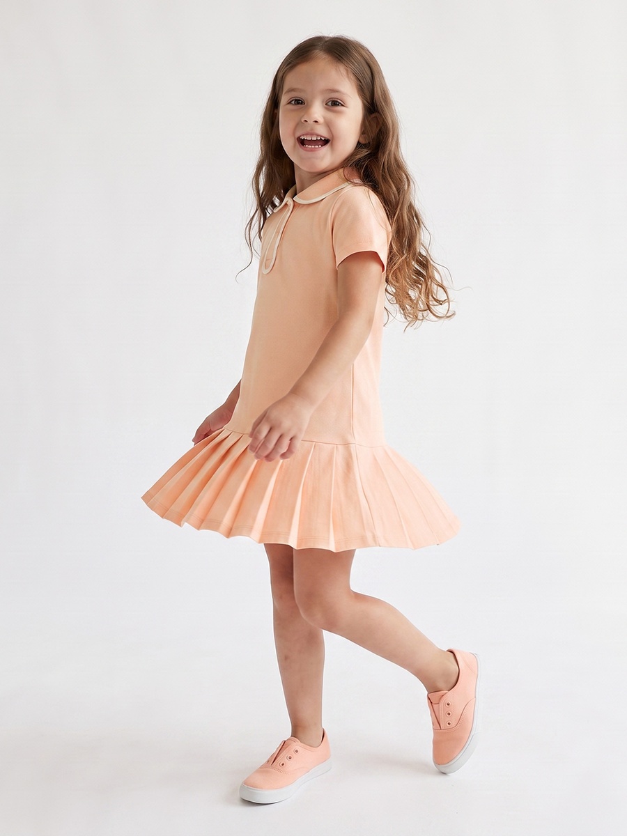 Collared Short Sleeves Knee Length Drop Waist Dress with Pleat Detail