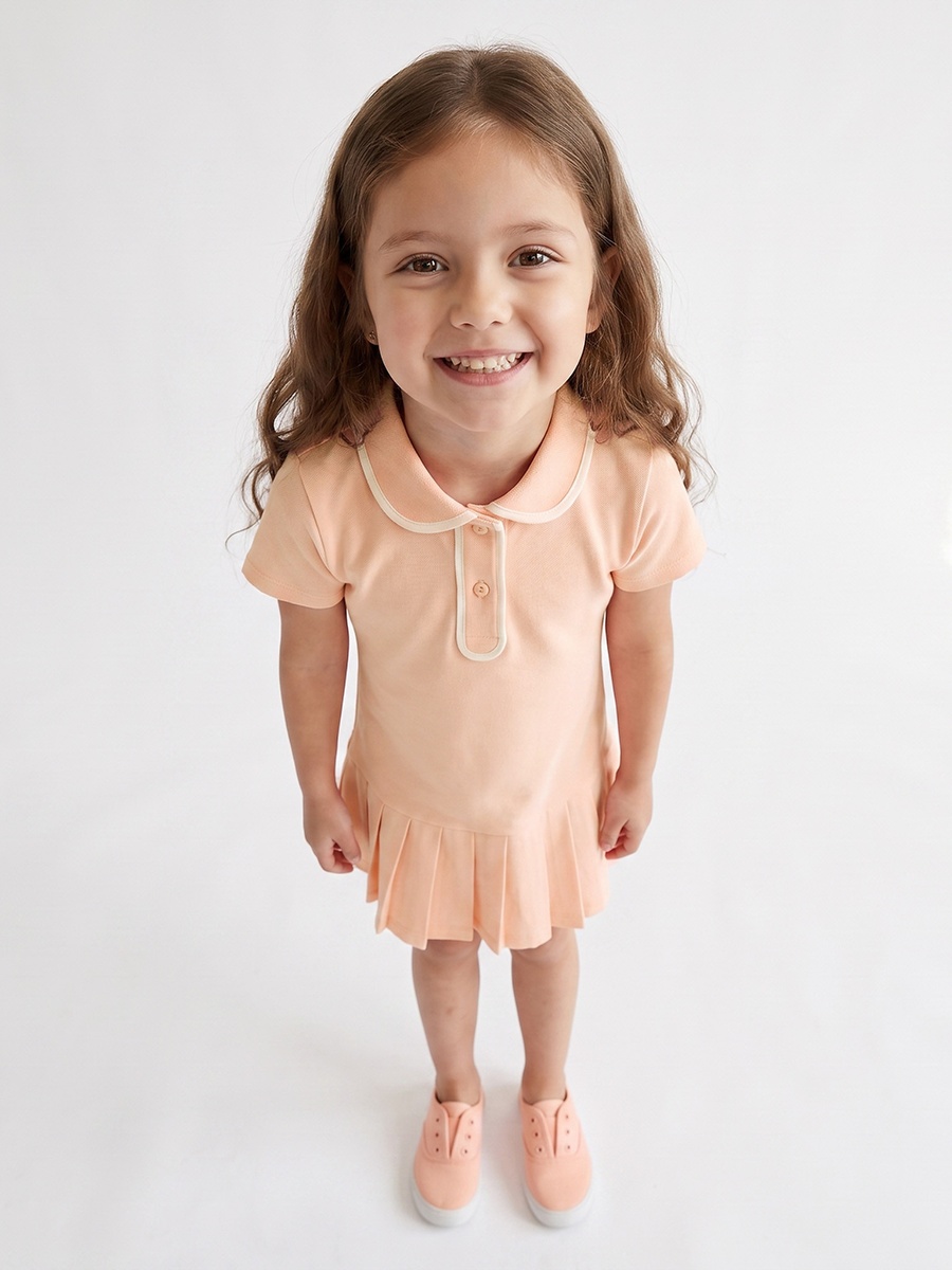 Collared Short Sleeves Knee Length Drop Waist Dress with Pleat Detail
