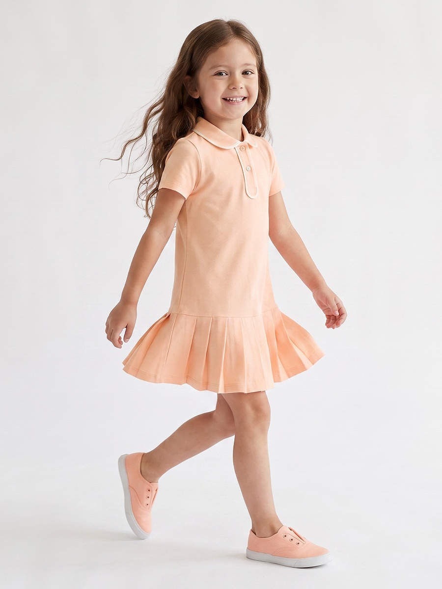 Collared Short Sleeves Knee Length Drop Waist Dress with Pleat Detail