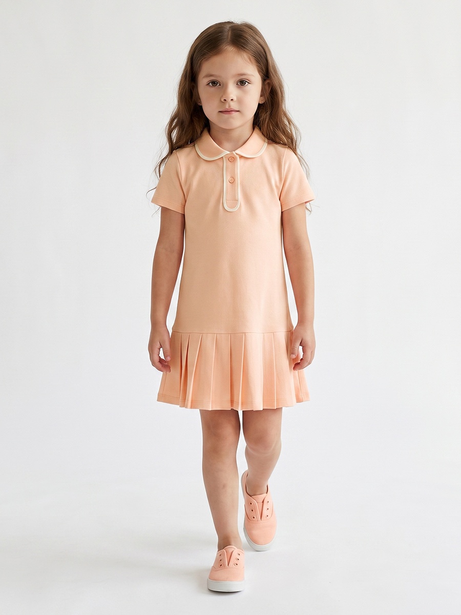 Collared Short Sleeves Knee Length Drop Waist Dress with Pleat Detail