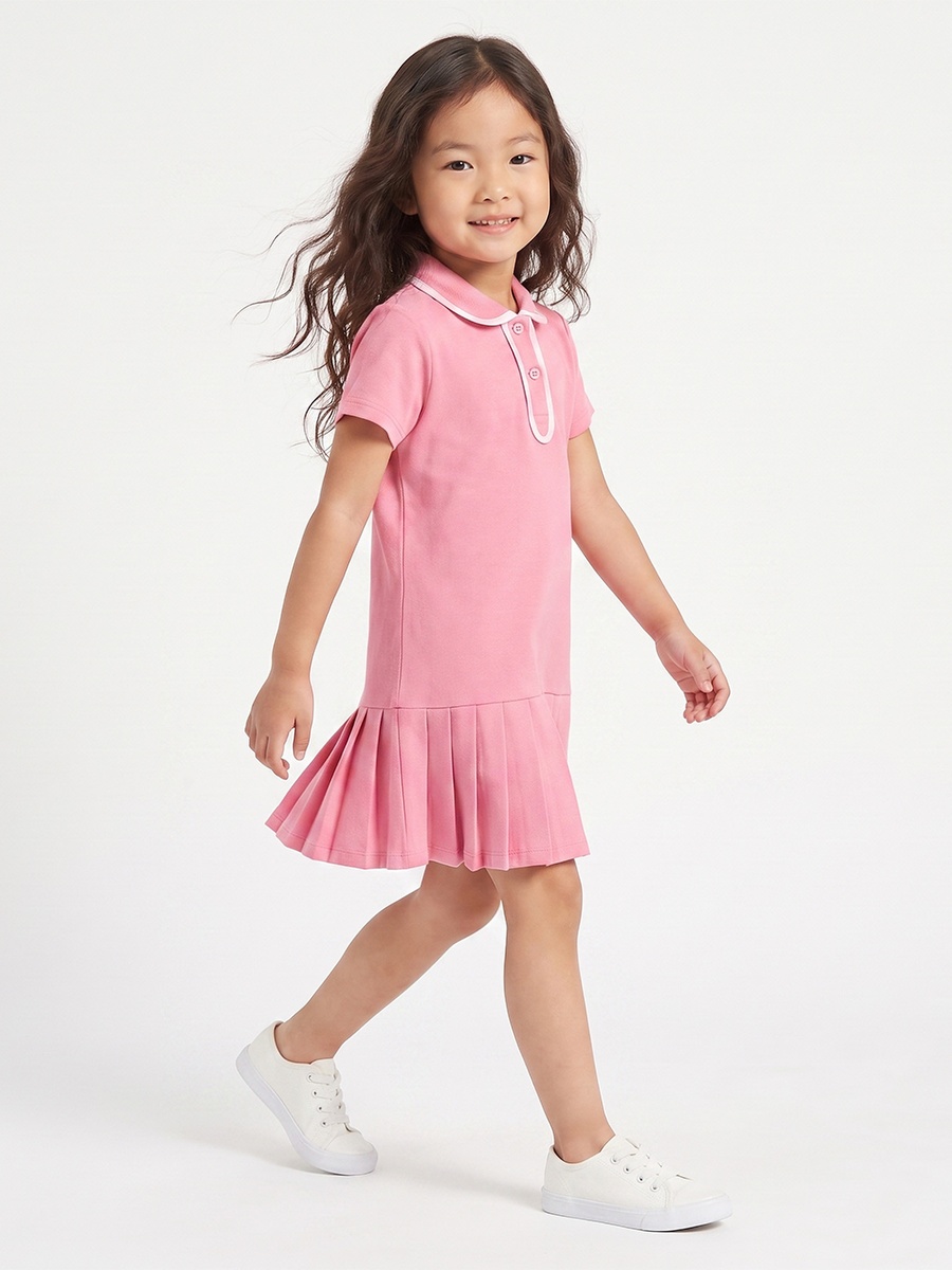 Collared Short Sleeves Knee Length Drop Waist Dress with Pleat Detail