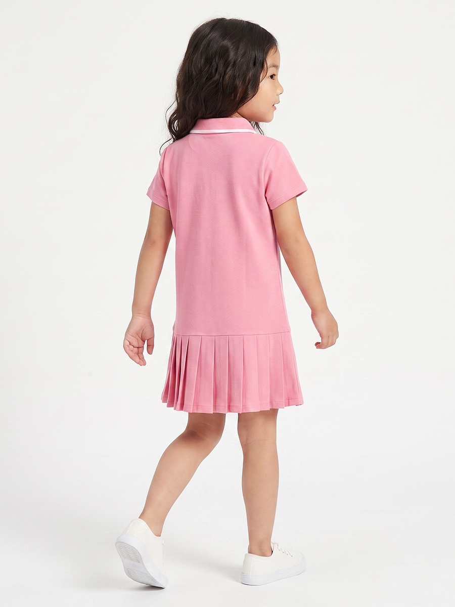 Collared Short Sleeves Knee Length Drop Waist Dress with Pleat Detail