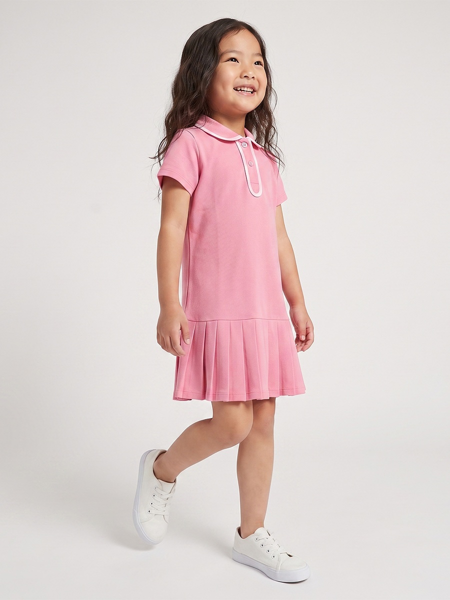 Collared Short Sleeves Knee Length Drop Waist Dress with Pleat Detail
