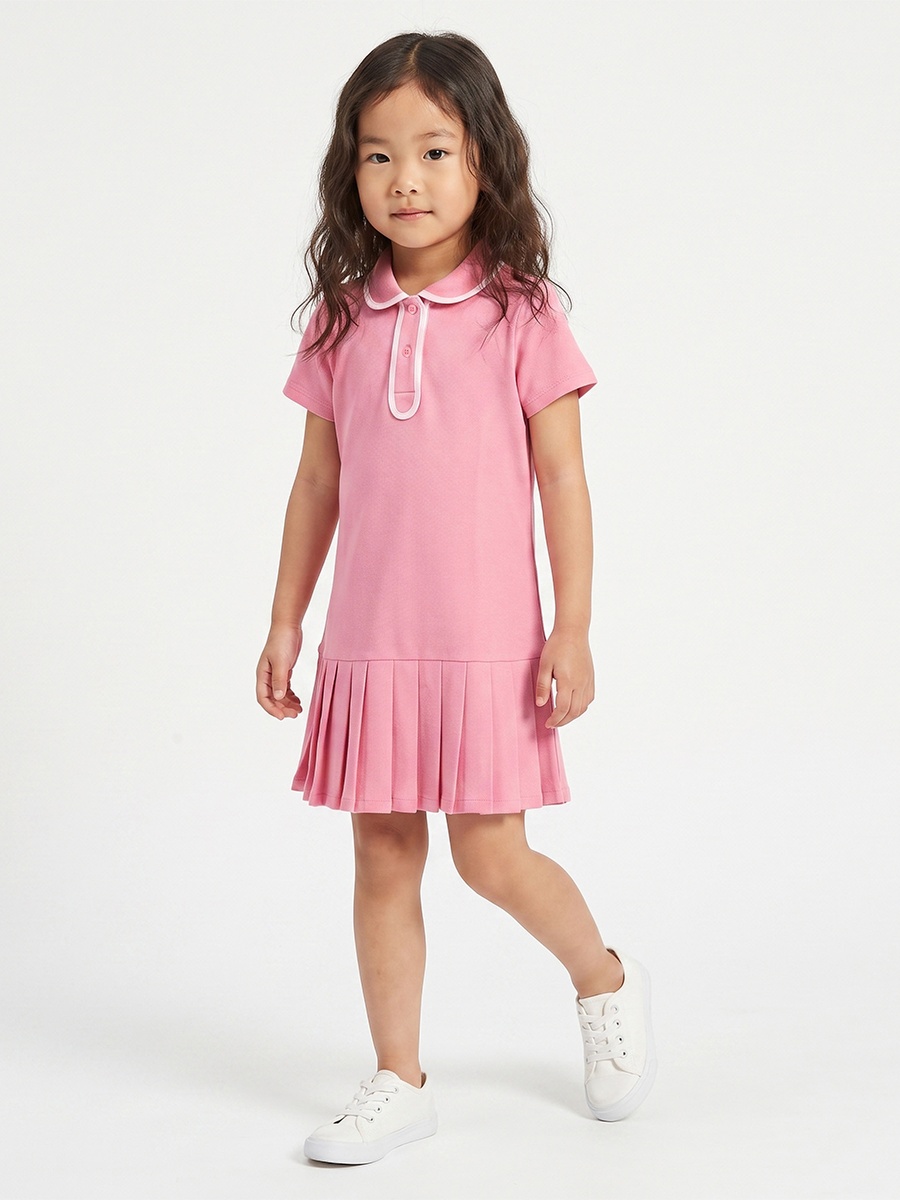 Collared Short Sleeves Knee Length Drop Waist Dress with Pleat Detail