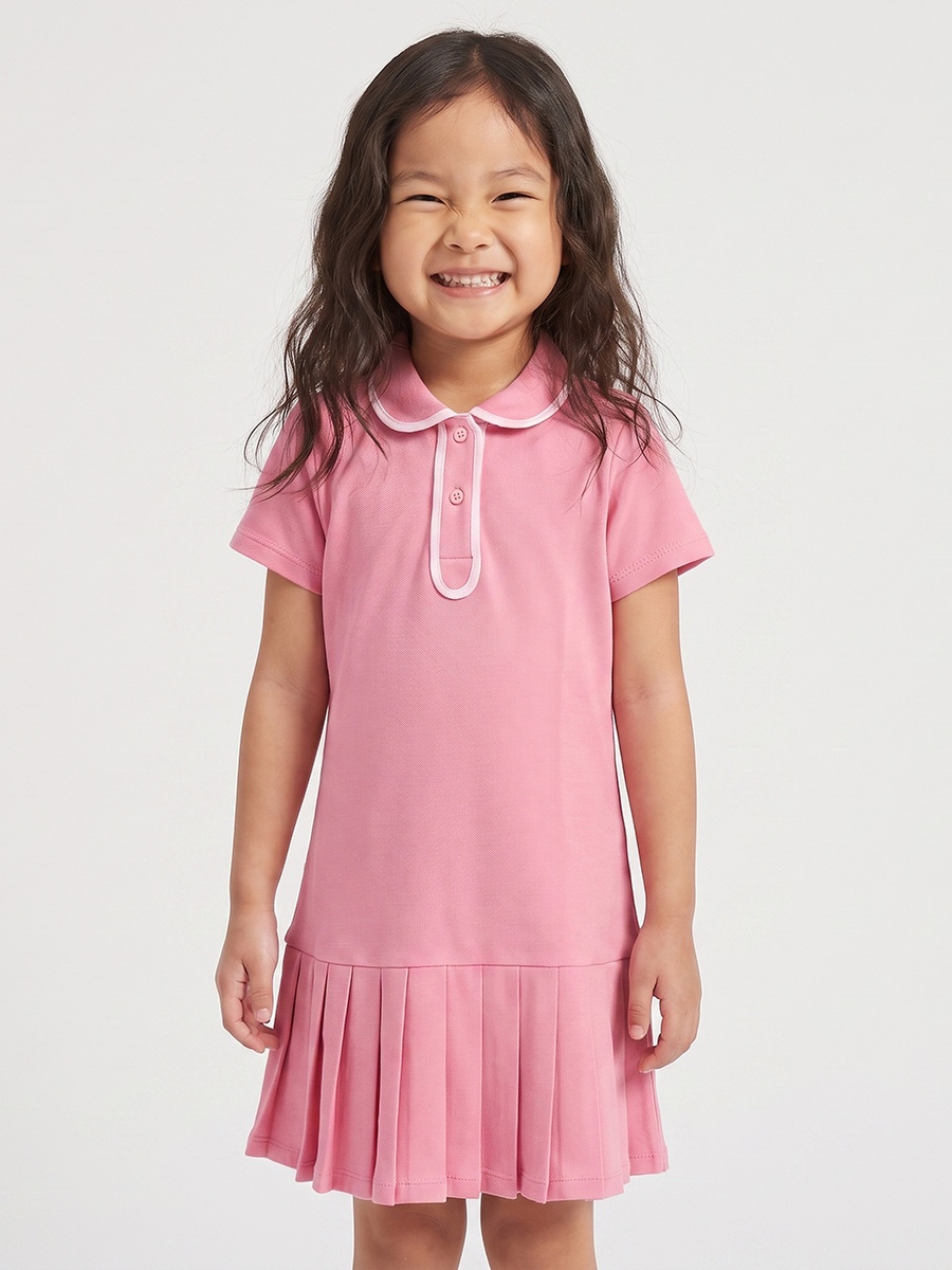 Collared Short Sleeves Knee Length Drop Waist Dress with Pleat Detail