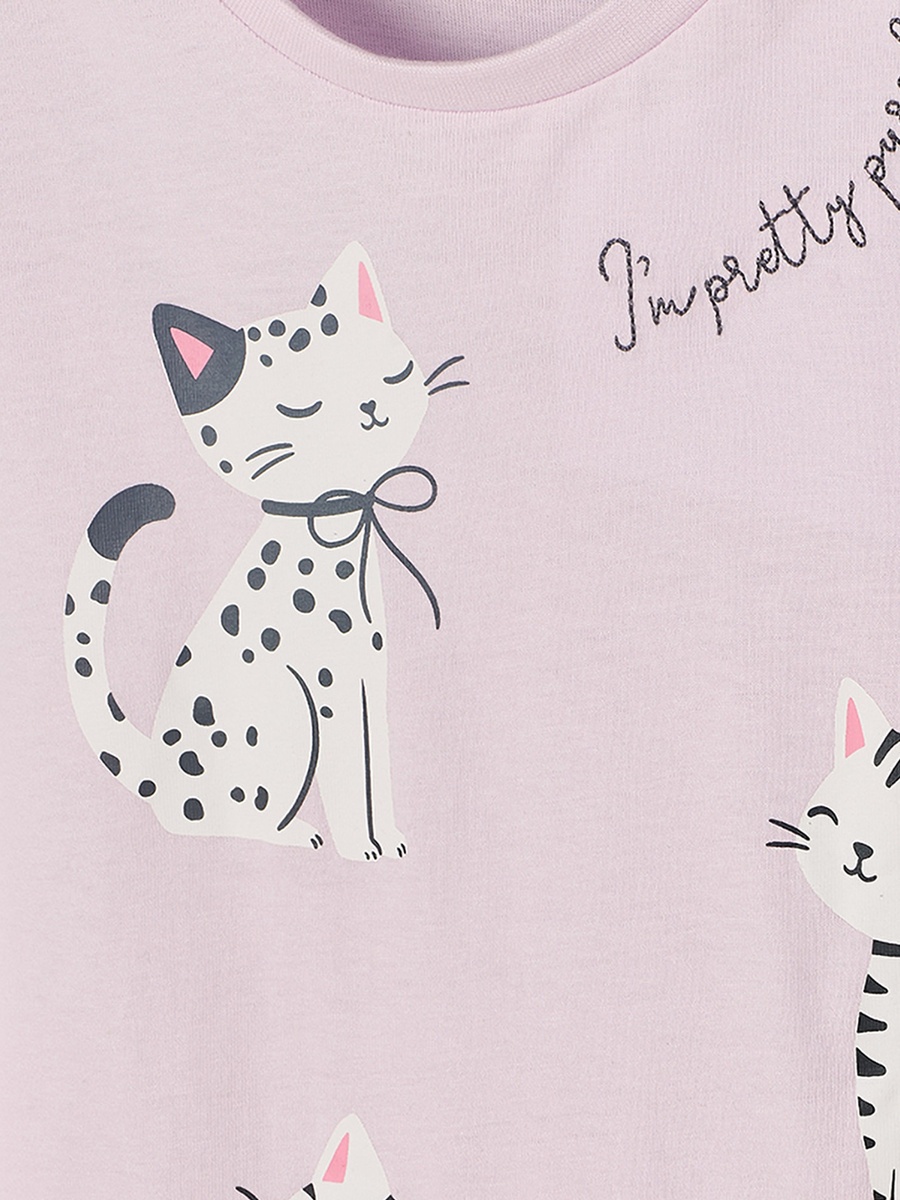 Round Neck Short Sleeves Knee Length Drop Waist Dress with Cat Print