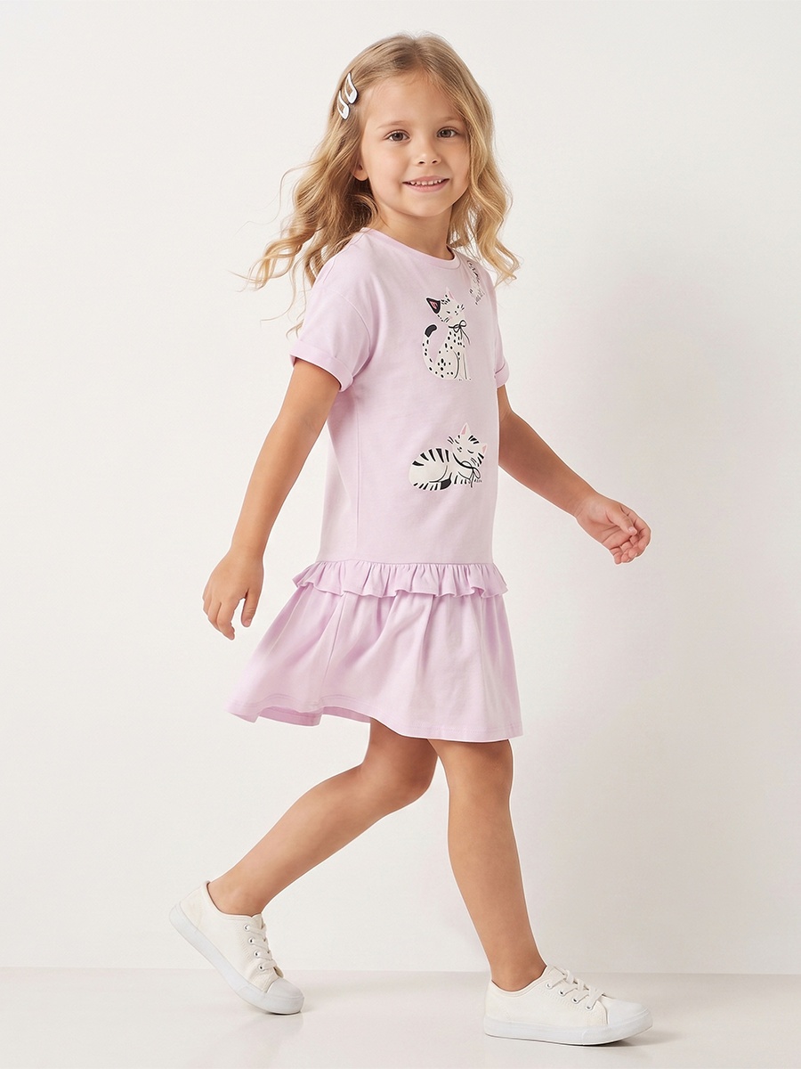 Round Neck Short Sleeves Knee Length Drop Waist Dress with Cat Print