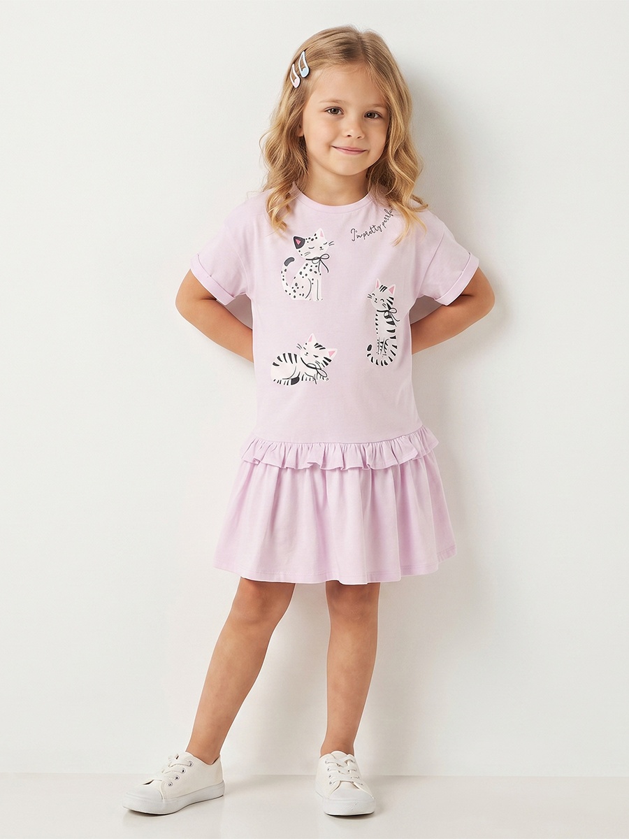 Round Neck Short Sleeves Knee Length Drop Waist Dress with Cat Print