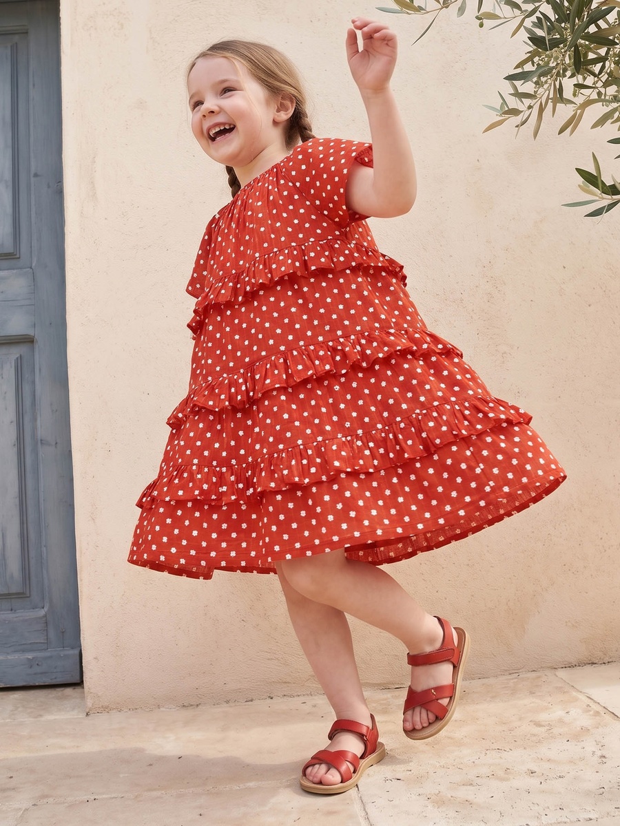 Round Neck Short Sleeves Knee Length Tiered Dress with Floral Print