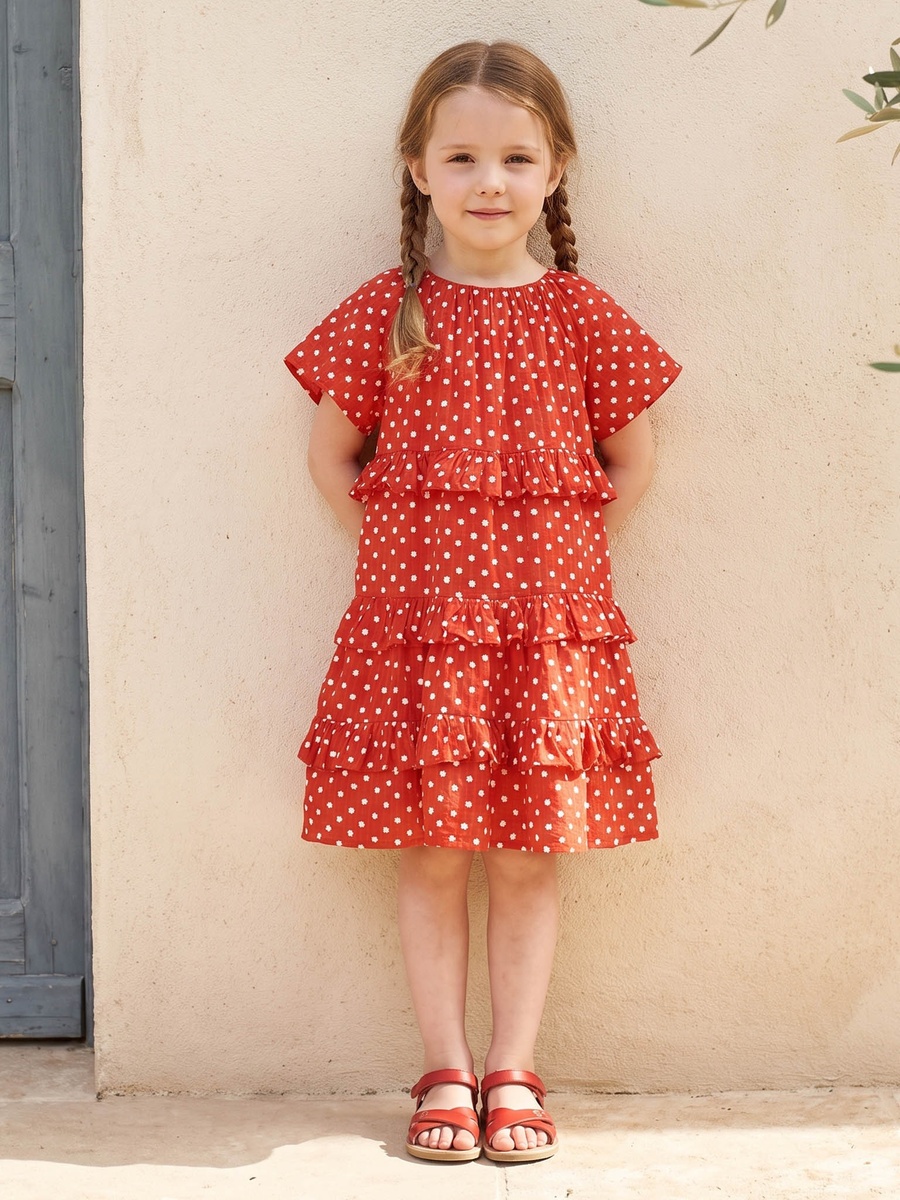 Round Neck Short Sleeves Knee Length Tiered Dress with Floral Print