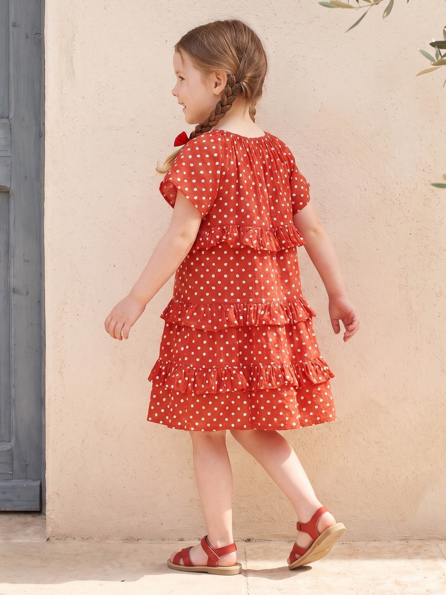 Round Neck Short Sleeves Knee Length Tiered Dress with Floral Print