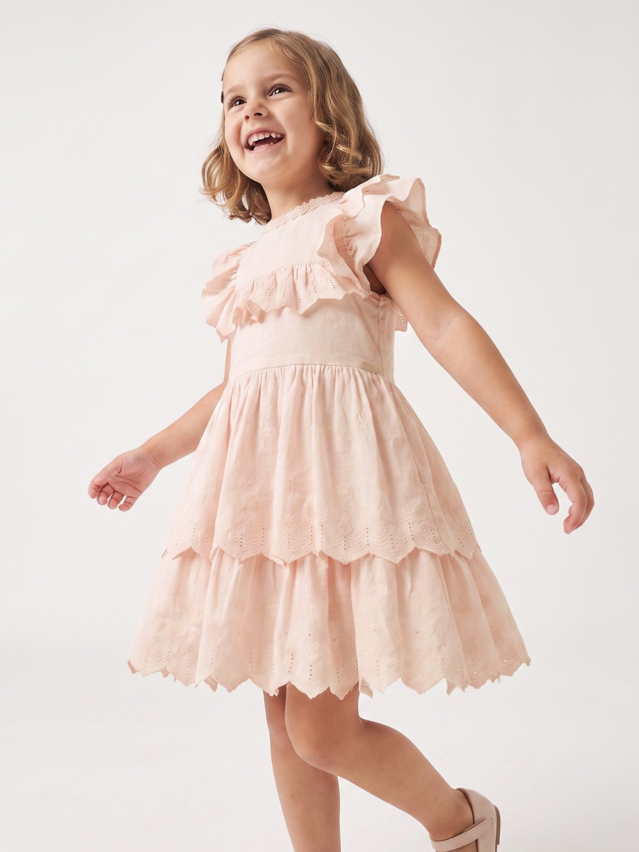 Round Neck Cap Sleeves Knee Length Tiered Dress with Ruffles