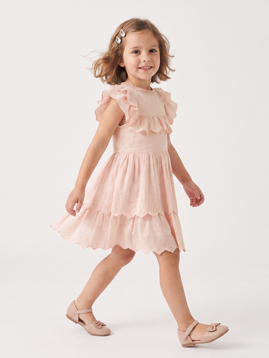 Round Neck Cap Sleeves Knee Length Tiered Dress with Ruffles