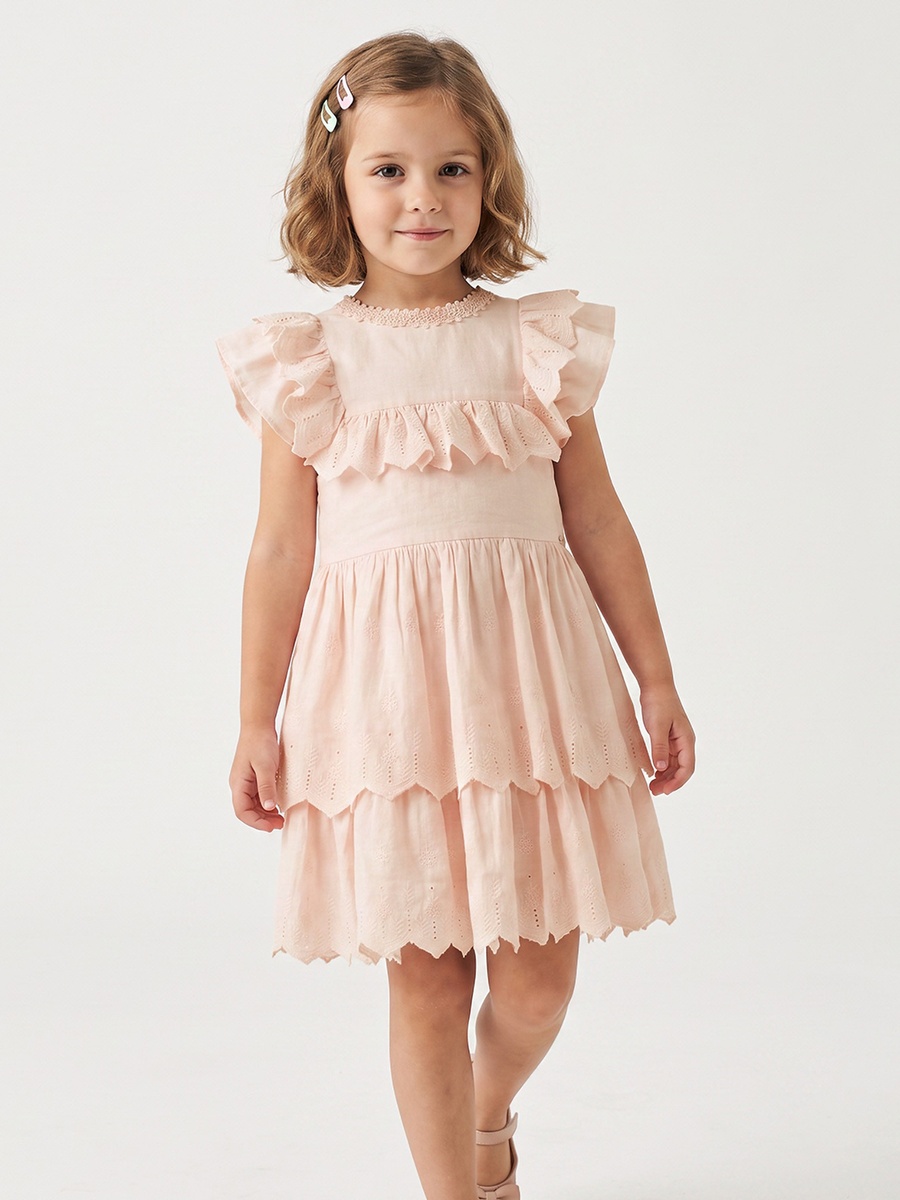 Round Neck Cap Sleeves Knee Length Tiered Dress with Ruffles