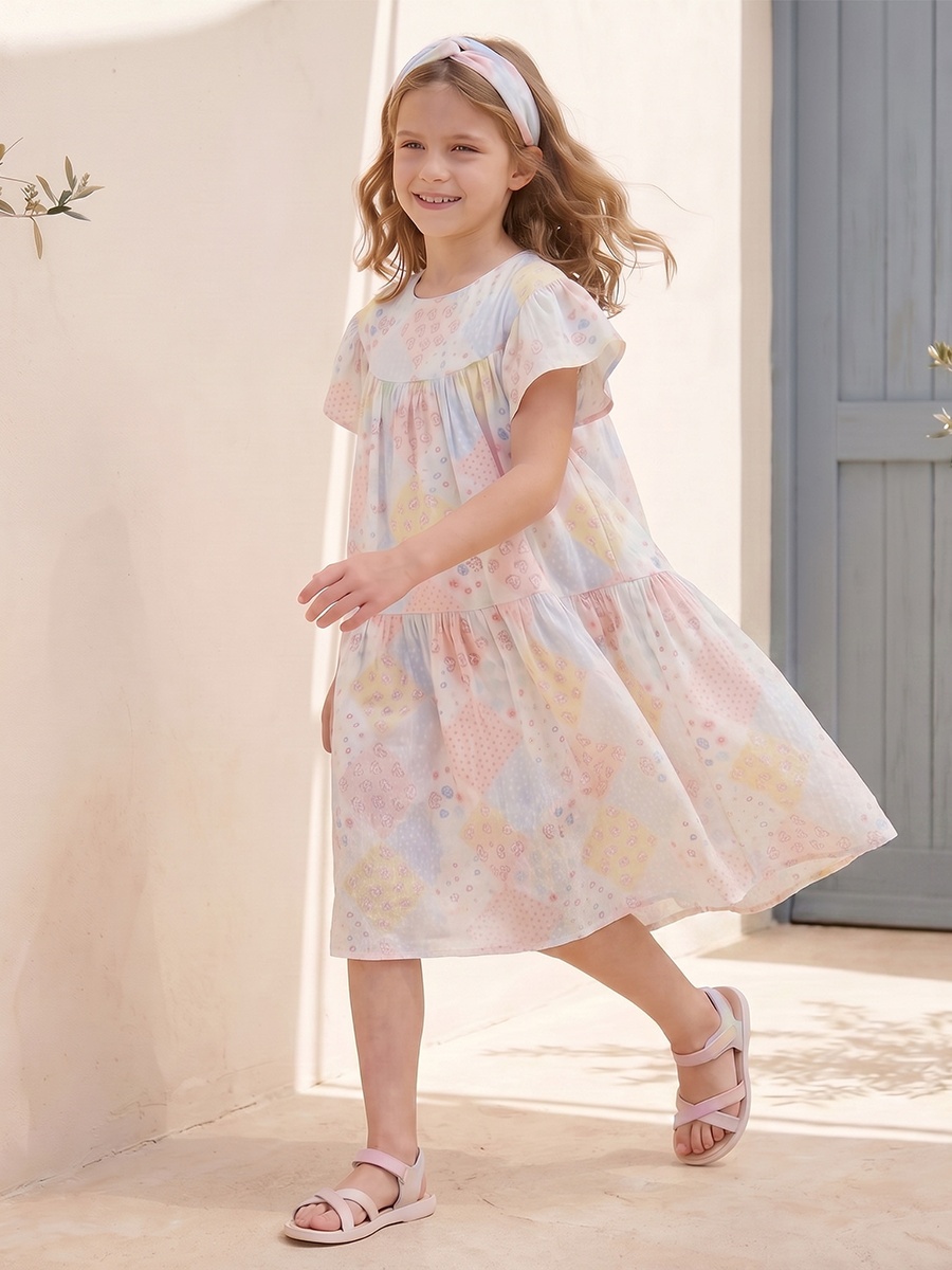 Round Neck Short Sleeves Knee Length Dress with Patchwork Print