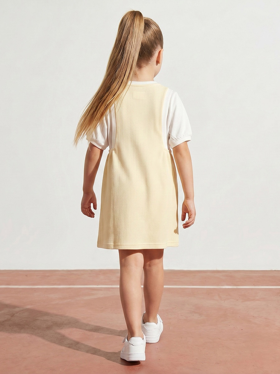 Round Neck Short Sleeves Knee Length Pinafore with T-Shirt
