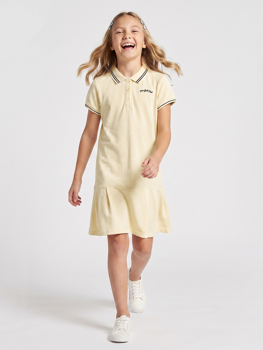 Collared Short Sleeves Knee Length T-Shirt Dress with Flounce Hem