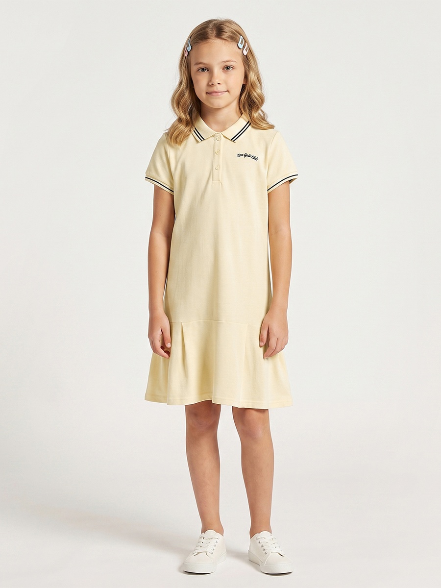 Collared Short Sleeves Knee Length T-Shirt Dress with Flounce Hem
