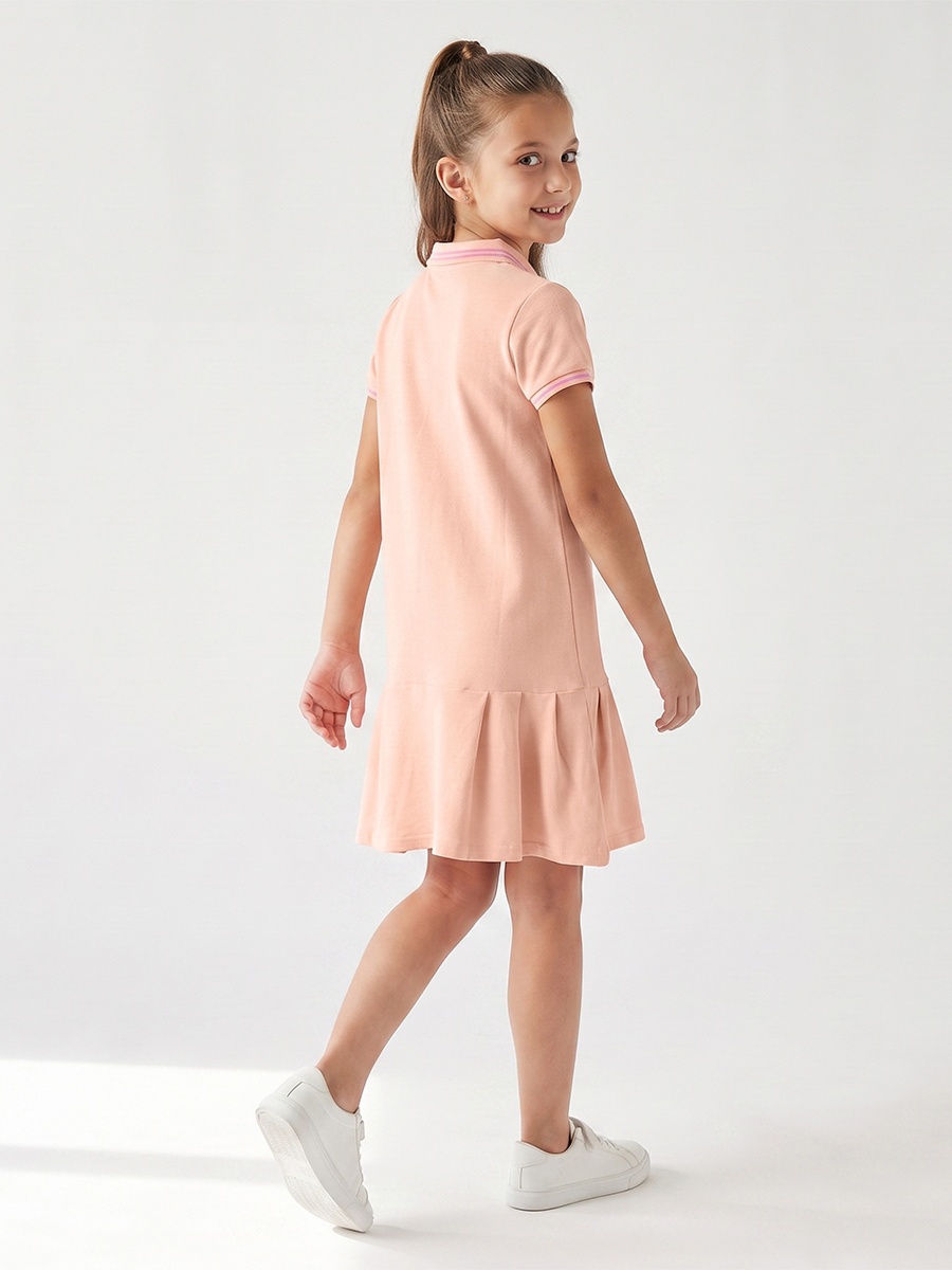 Collared Short Sleeves Knee Length T-Shirt Dress with Flounce Hem