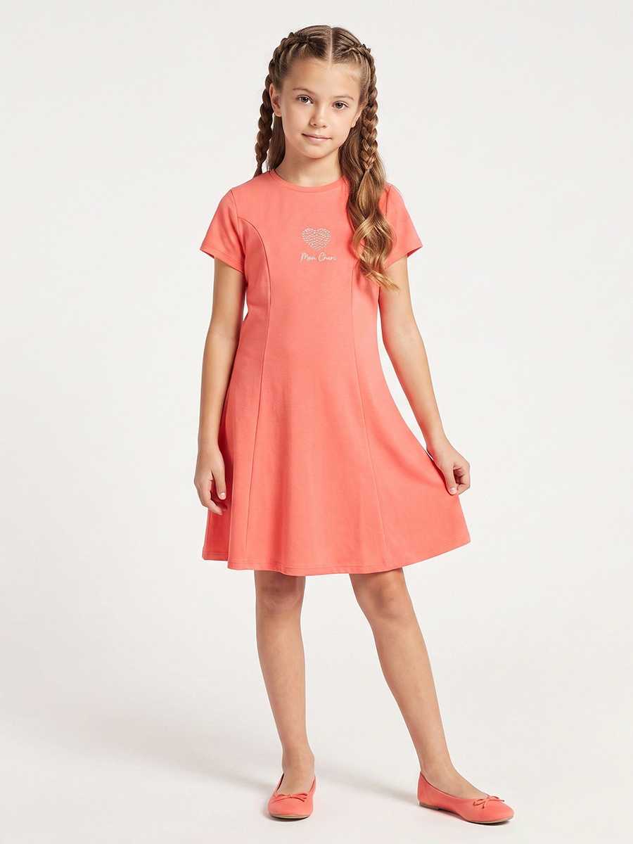 Round Neck Short Sleeves Knee Length A-Line Dress with Embellished Heart Detail