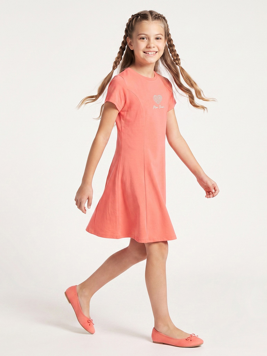 Round Neck Short Sleeves Knee Length A-Line Dress with Embellished Heart Detail