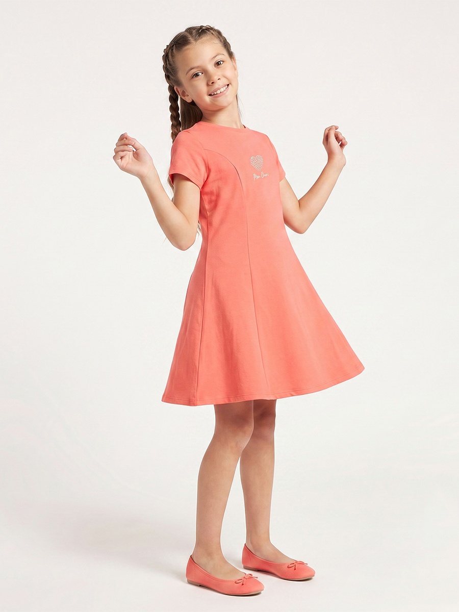 Round Neck Short Sleeves Knee Length A-Line Dress with Embellished Heart Detail