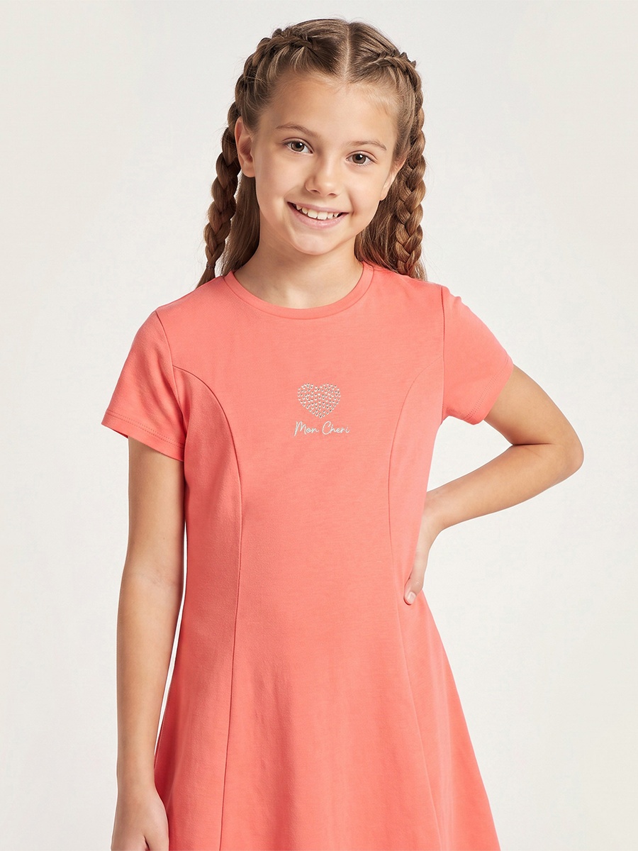 Round Neck Short Sleeves Knee Length A-Line Dress with Embellished Heart Detail