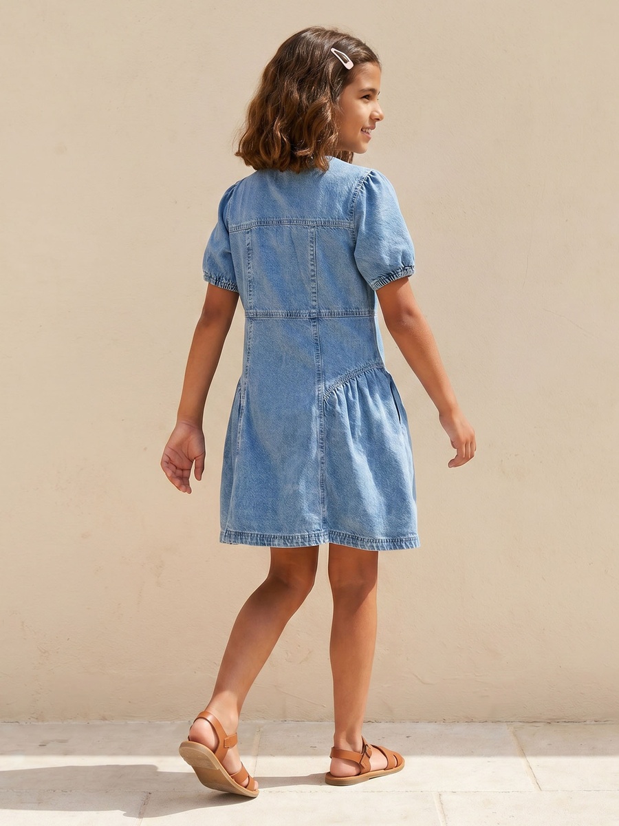 Round Neck Short Sleeves Knee Length Denim Dress with Pockets