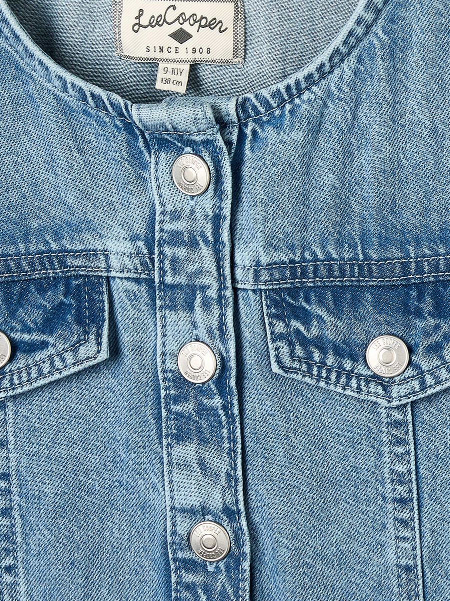 Round Neck Short Sleeves Knee Length Denim Dress with Pockets