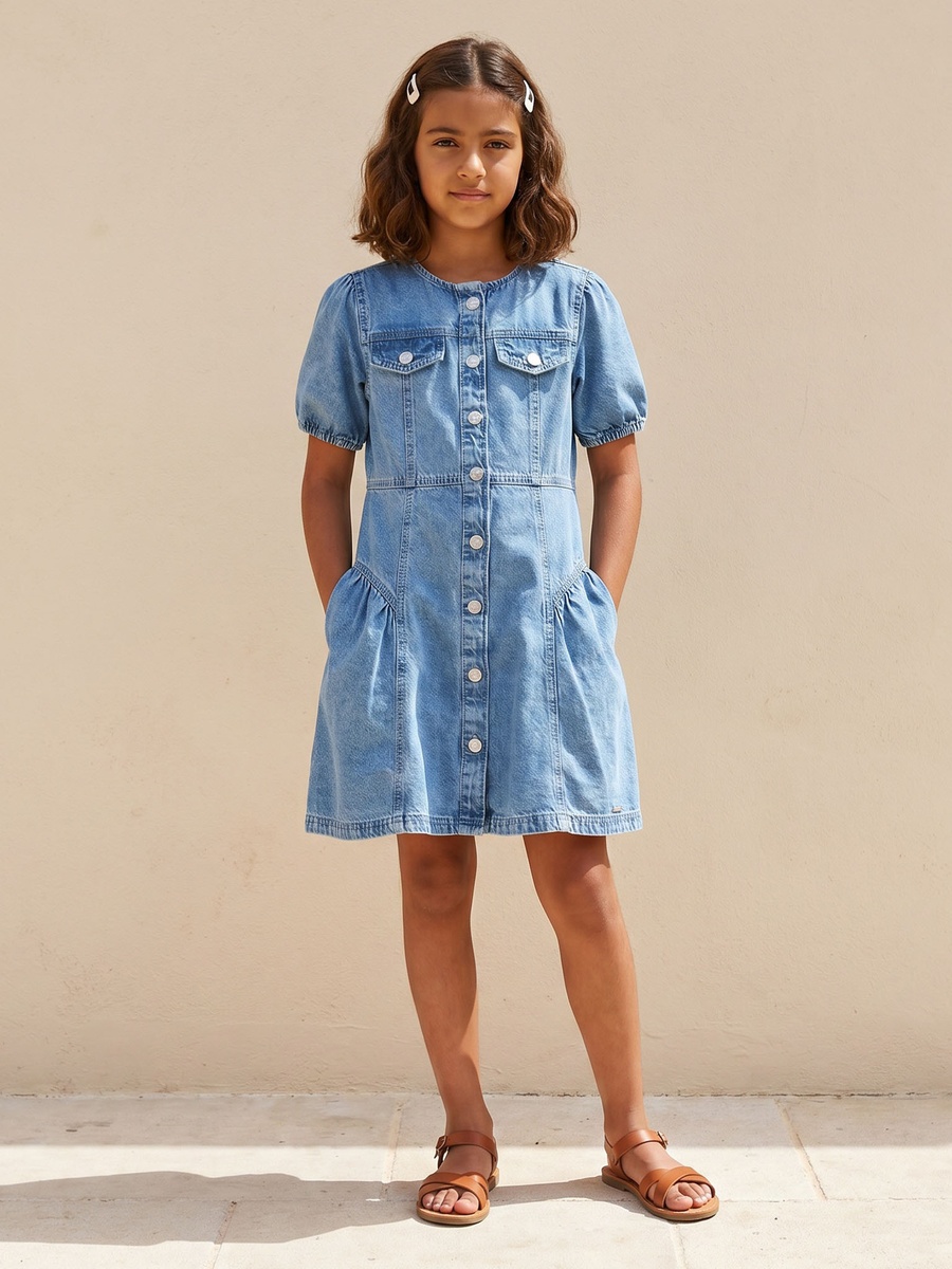 Round Neck Short Sleeves Knee Length Denim Dress with Pockets