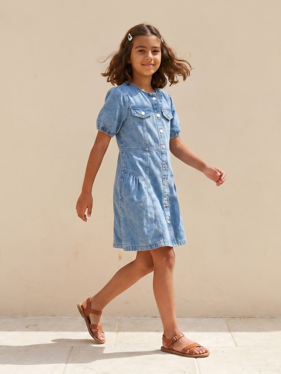 Round Neck Short Sleeves Knee Length Denim Dress with Pockets