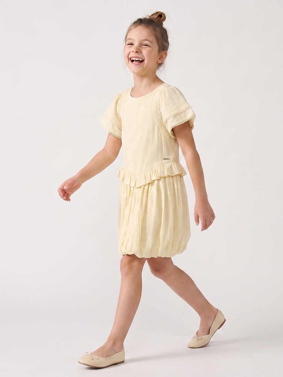 Round Neck Short Sleeves Knee Length A-Line Dress with Textured Detail