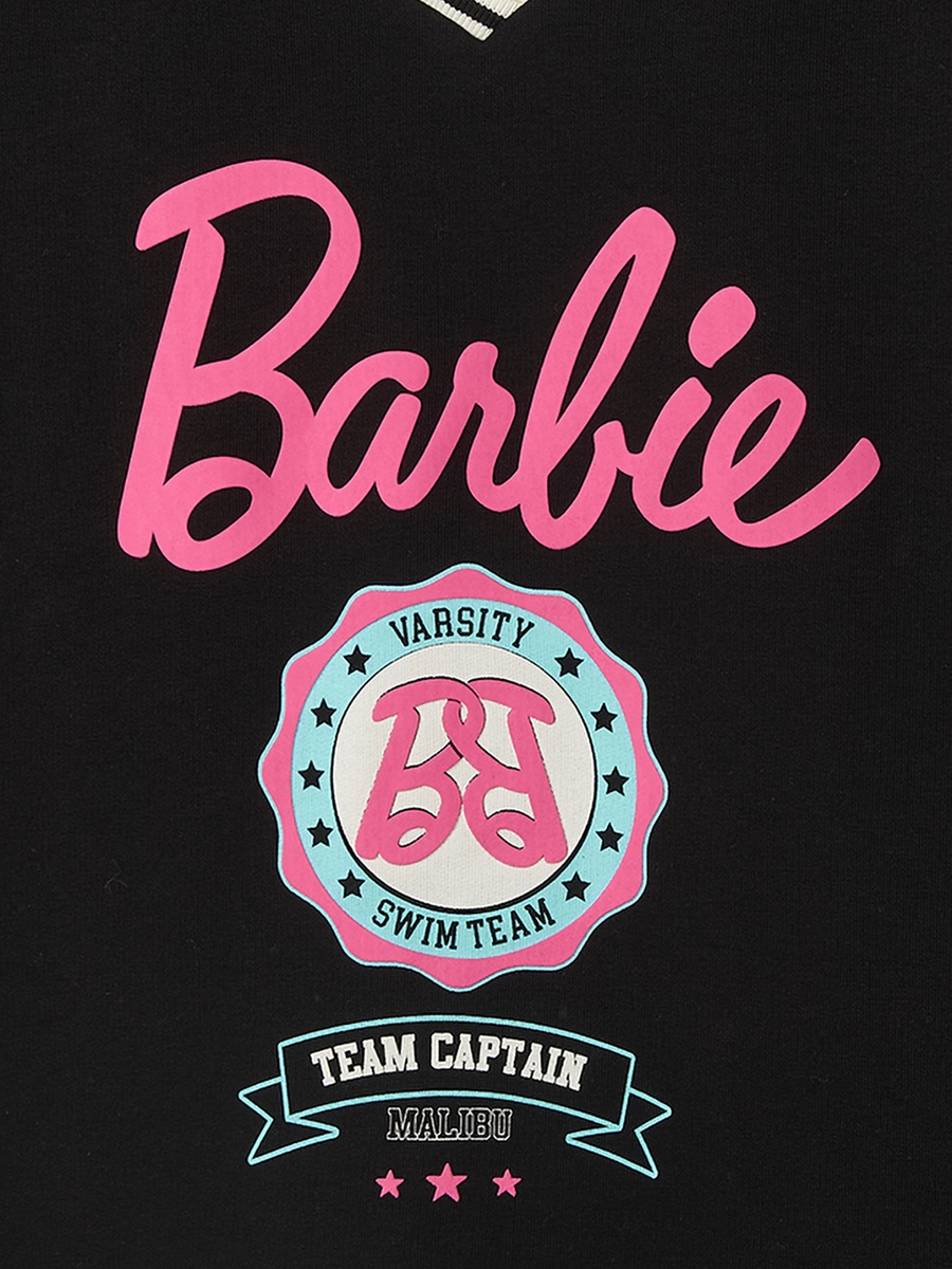 V Neck Short Sleeves Knee Length Drop Waist Dress with Barbie Print
