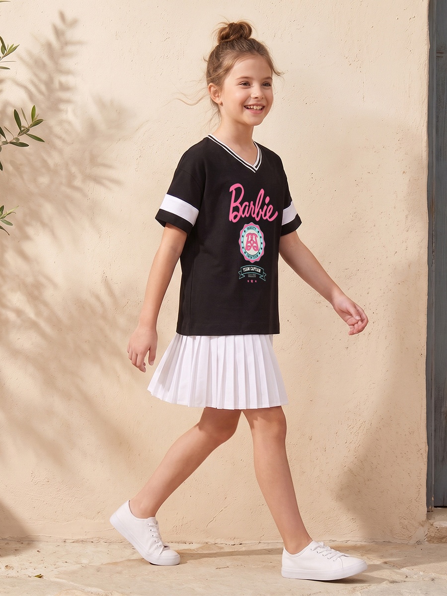 V Neck Short Sleeves Knee Length Drop Waist Dress with Barbie Print