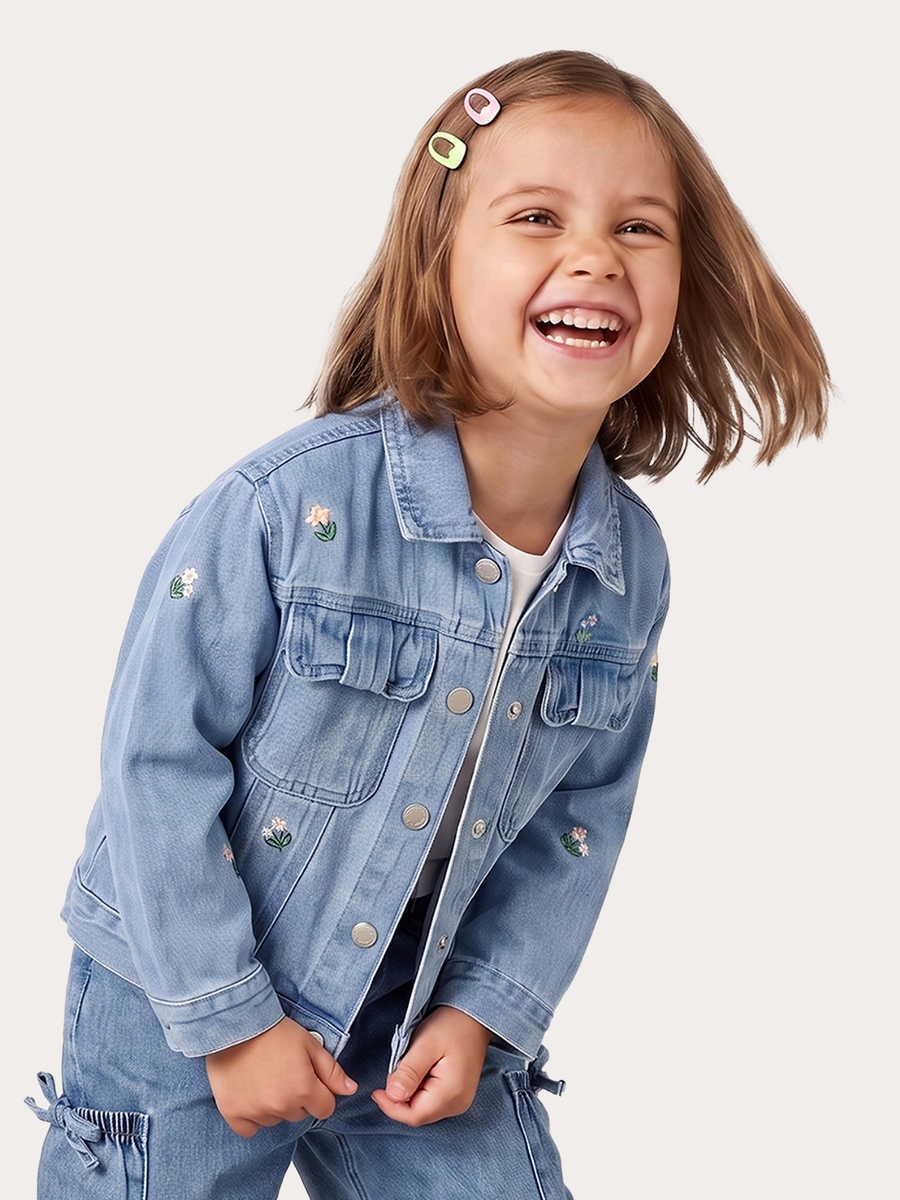 Floral Embroidery Denim Jacket with Button Closure
