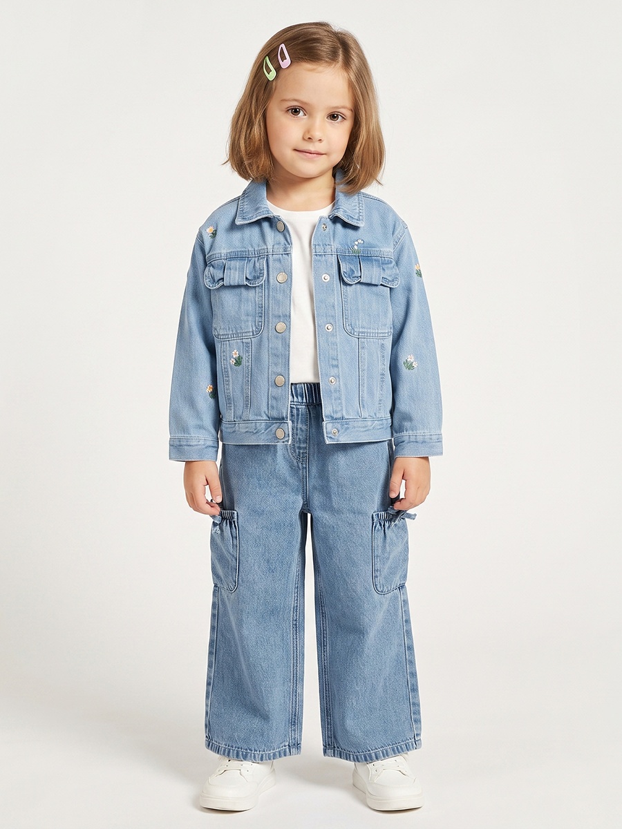 Floral Embroidery Denim Jacket with Button Closure