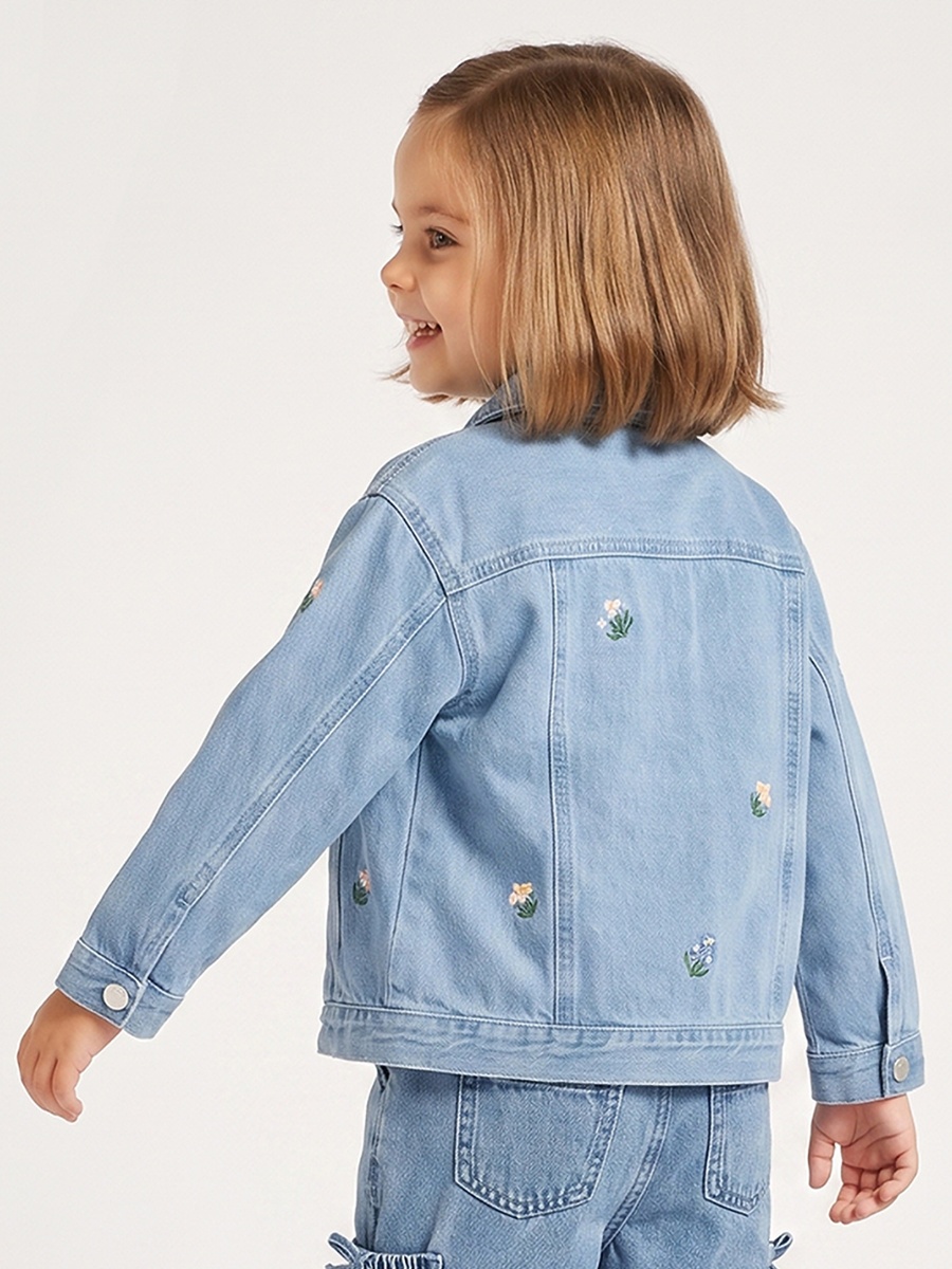 Floral Embroidery Denim Jacket with Button Closure