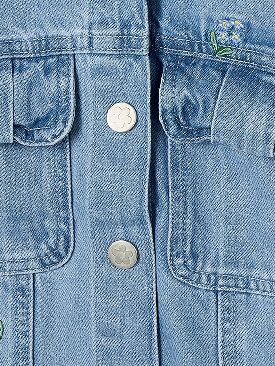 Floral Embroidery Denim Jacket with Button Closure