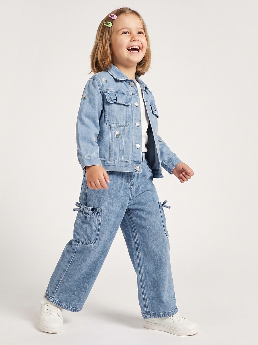 Floral Embroidery Denim Jacket with Button Closure