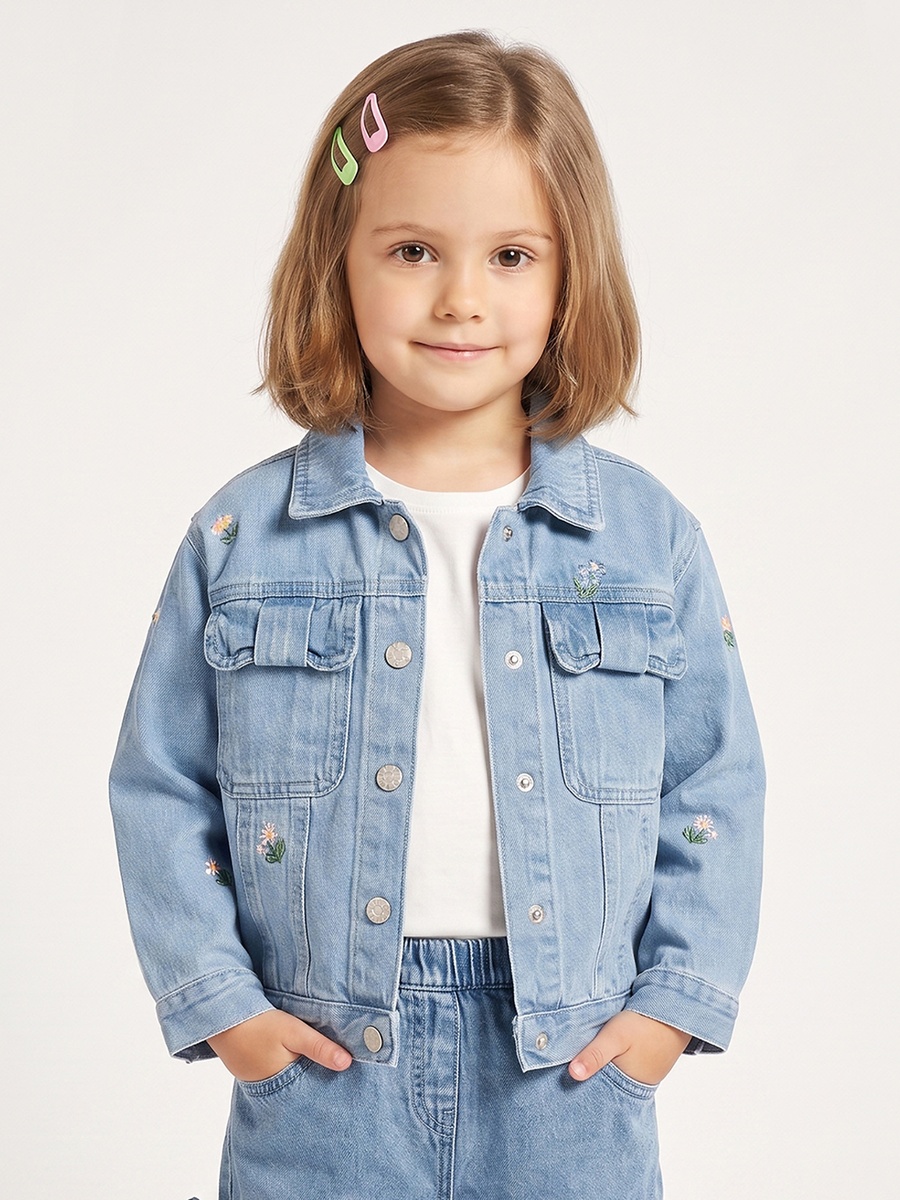 Floral Embroidery Denim Jacket with Button Closure