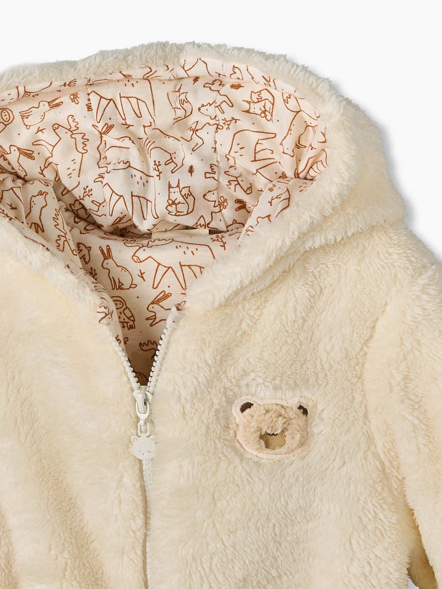 Plush Hooded Coverall with Embroidery Detail