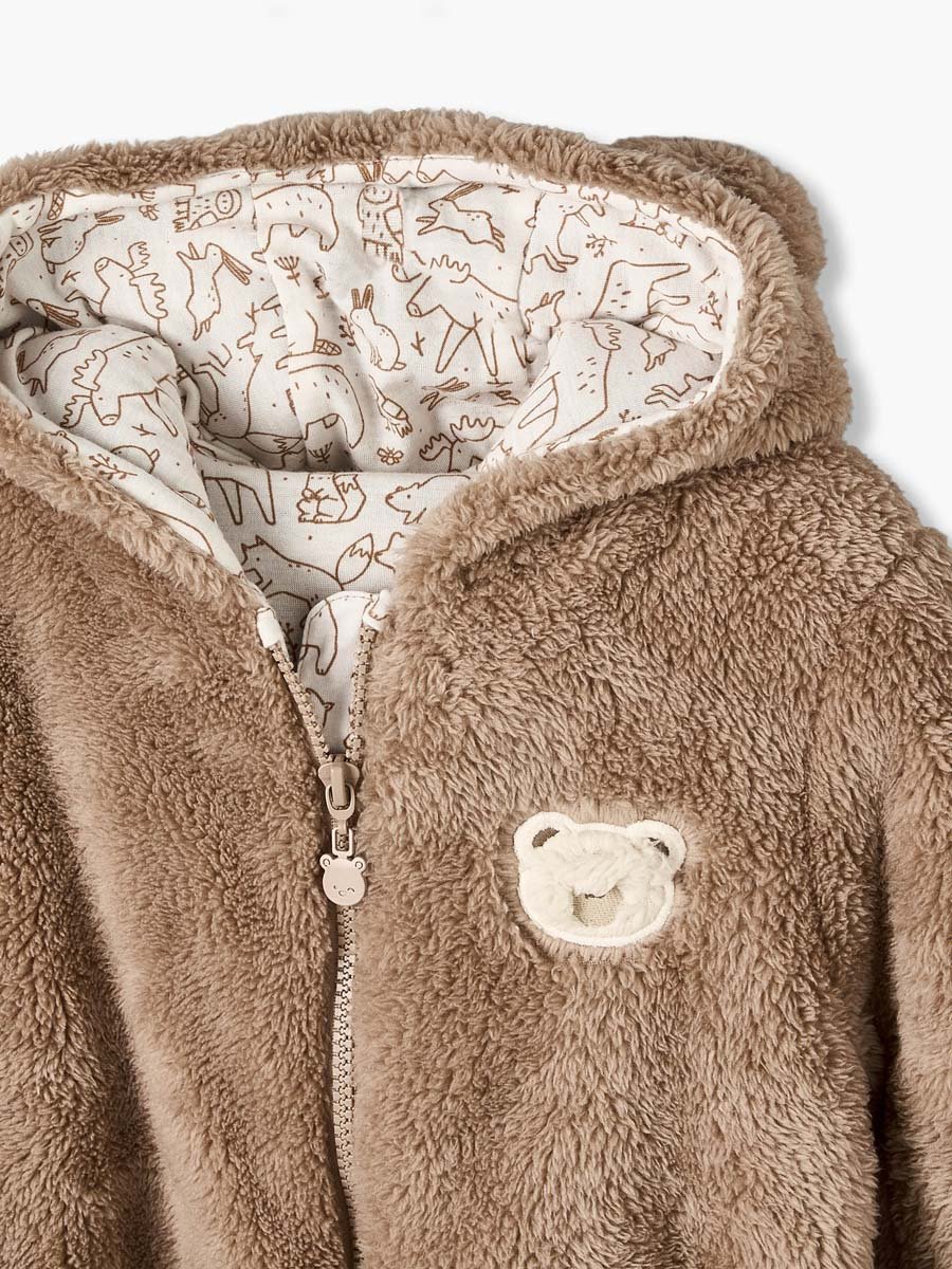Plush Hooded Coverall with Embroidery Detail