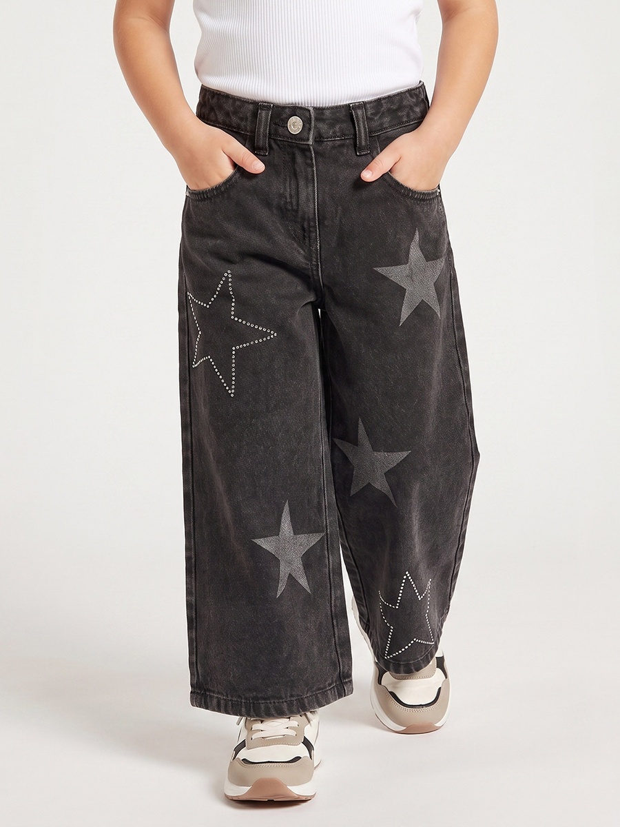 Mid-Rise Wide Leg Jeans with Star Print